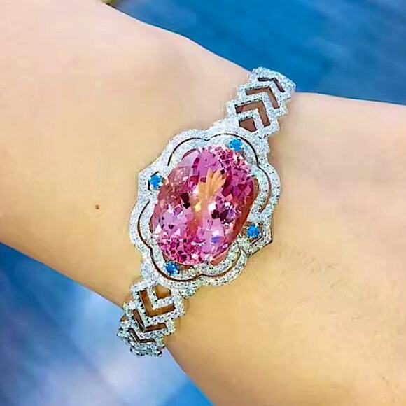 Unique Platinum Zircon Pink Morganite Bangle Bracelet - Picture 5 of 5